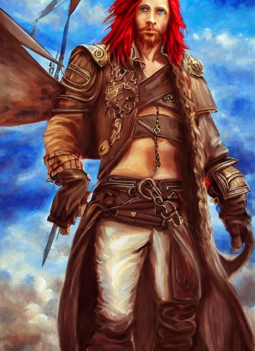 Image similar to epic fantasy portrait painting of a long haired, red headed male sky - pirate in front of an airship in the style of the full metal alchemist