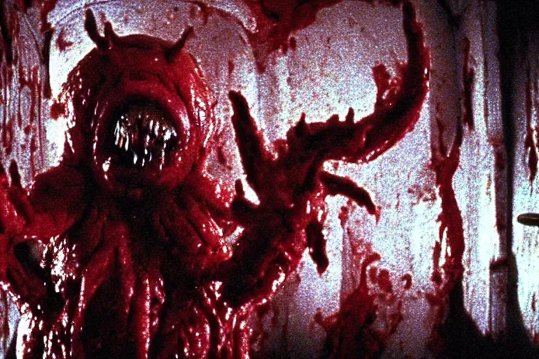 Image similar to filmic wide shot angle movie still 35mm film color photograph of a shape shifting horrific nightmarish abstract organism from The Thing 1982 attacking a mutilated deceased doctor who is completely drenched in blood in the style of a horror film