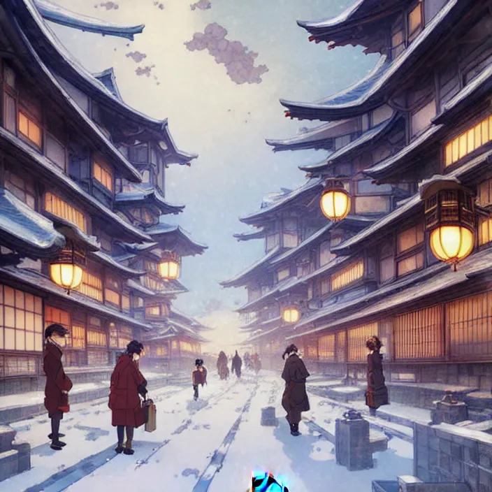 Image similar to japanese big city, winter, in the style of studio ghibli, j. c. leyendecker, greg rutkowski, artem