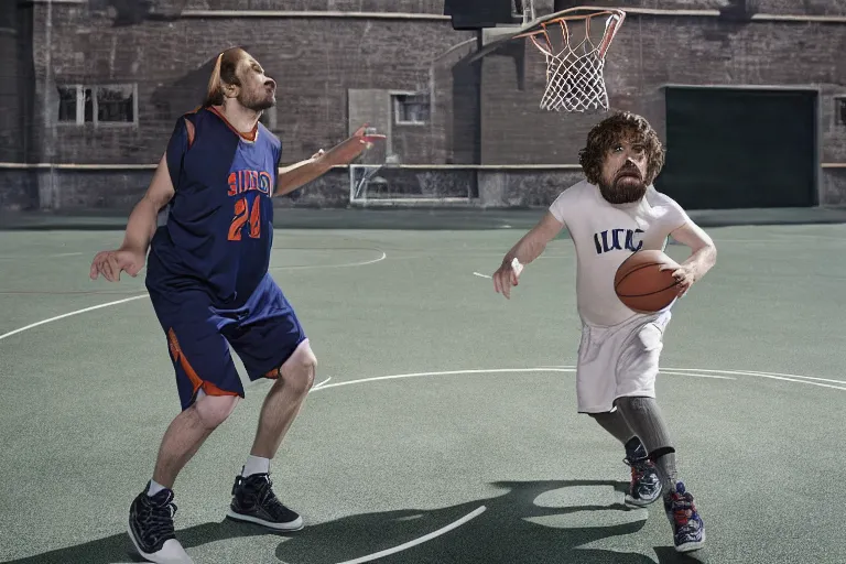 Image similar to peter dinklage playing basketball movie still, from the new slam dunk ernest movie, 8 k, realistic