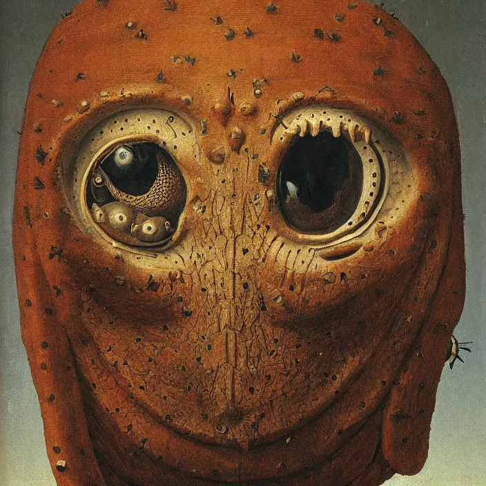 Image similar to close up portrait of a mutant monster creature with facial features resembling a medieval steel helmet, beetle eyes and antennae. by jan van eyck, walton ford