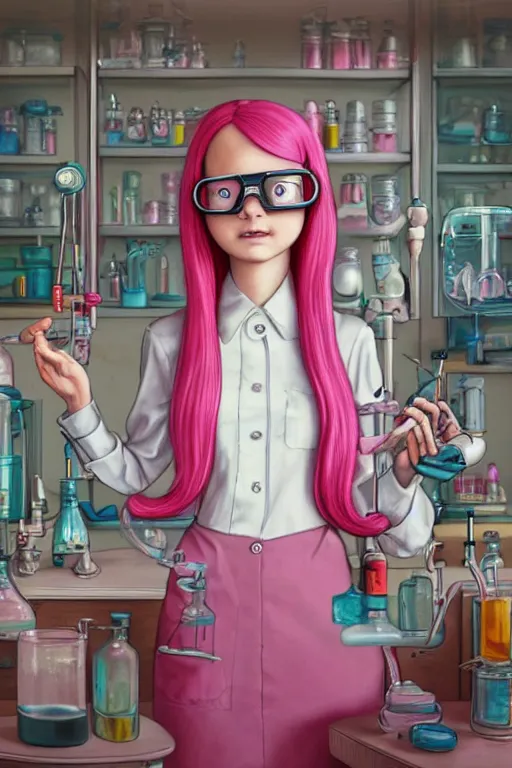 Image similar to highly detailed, cinematic still frame of adult princess bubblegum from adventure time, working in her science lab, wearing lab coat & saftey goggles, long bubblegum hair with long straight bangs, beautiful, attractive, extremely cute, illustration concept art by nicoletta ceccoli, mark ryden, lostfish, detailed and intricate environment, 8 k resolution, hyperrealistic, octane render