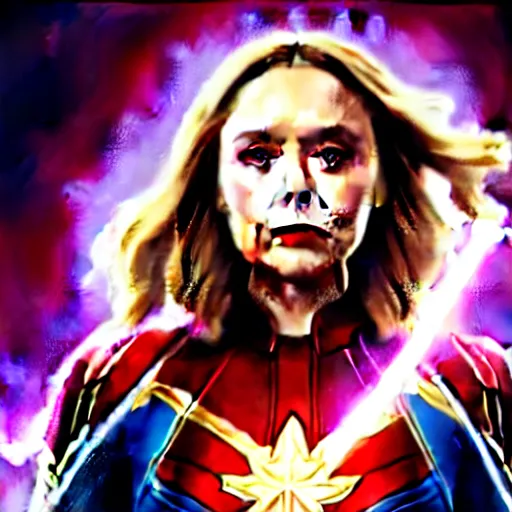 Image similar to Elizabeth Olsen as Captain Marvel, marvel, movie screenshot, cinematic lighting