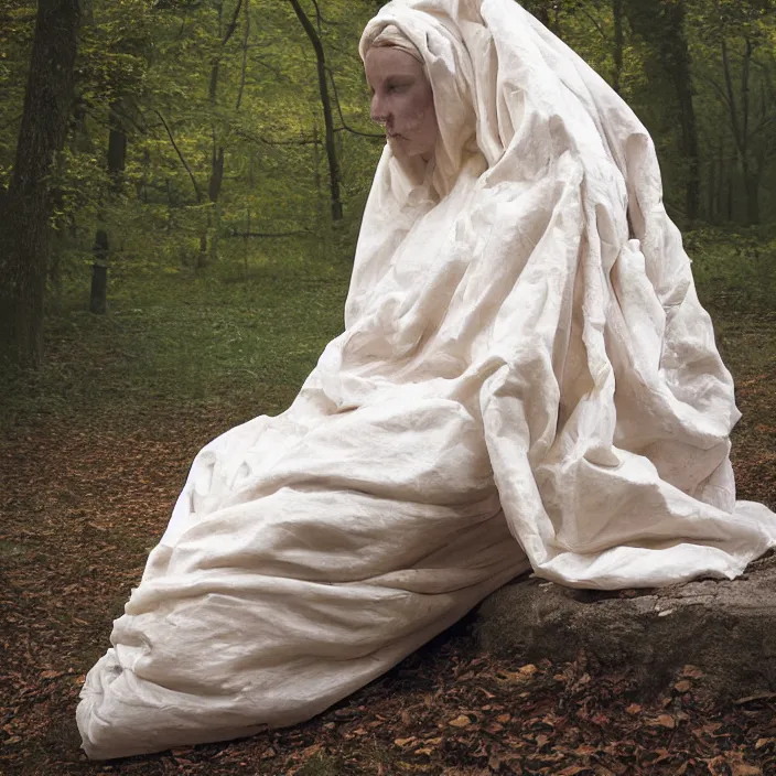 Image similar to a color photograph, closeup portrait of a woman wrapped in foam, sitting in a plastic throne, in cuyahoga valley national park in ohio, color photograph, by vincent desiderio, canon eos c 3 0 0, ƒ 1. 8, 3 5 mm, 8 k, medium - format print