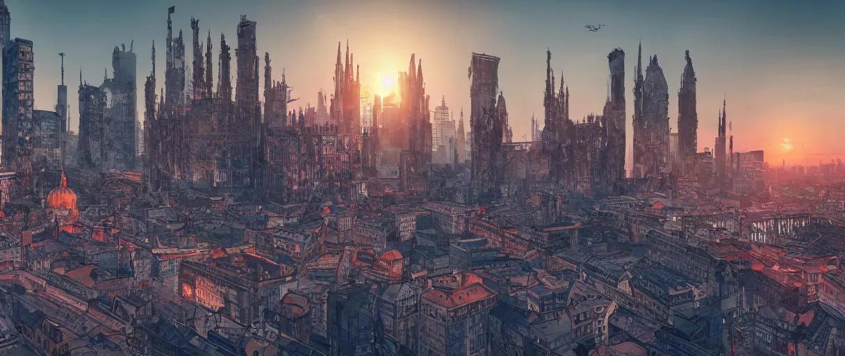 Image similar to digital concept art of dystopian, gothic berlin, high quality, high detail, in the style of Ian Hubert, megacity surrounded by huge impenetrable walls, large hero buildings in the middle towering above the others, tram stations, metro, vivid colours, sunset time, blender render