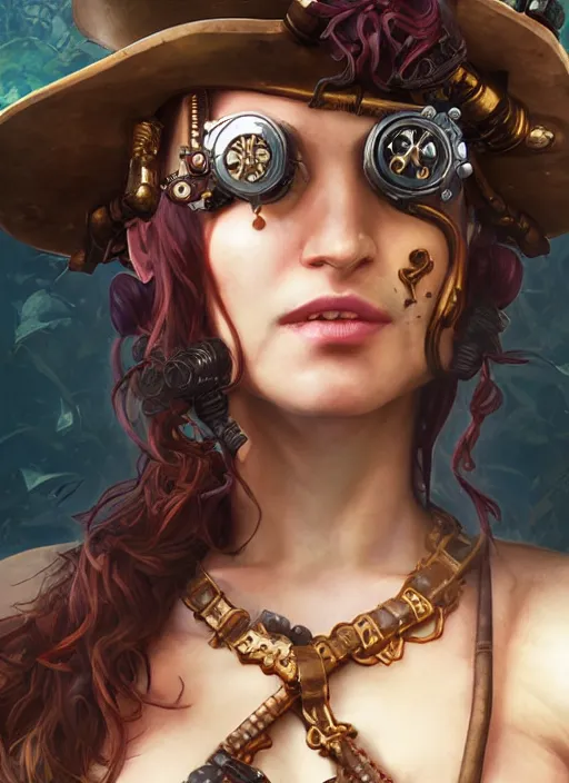 Prompt: steampunk pirate portrait of shehulk, hyper detailed, digital art, cinematic lighting, studio quality, smooth render, unreal engine 5, octane rendered, art style by klimt and nixeu and ian sprigger and wlop and krenz cushart.