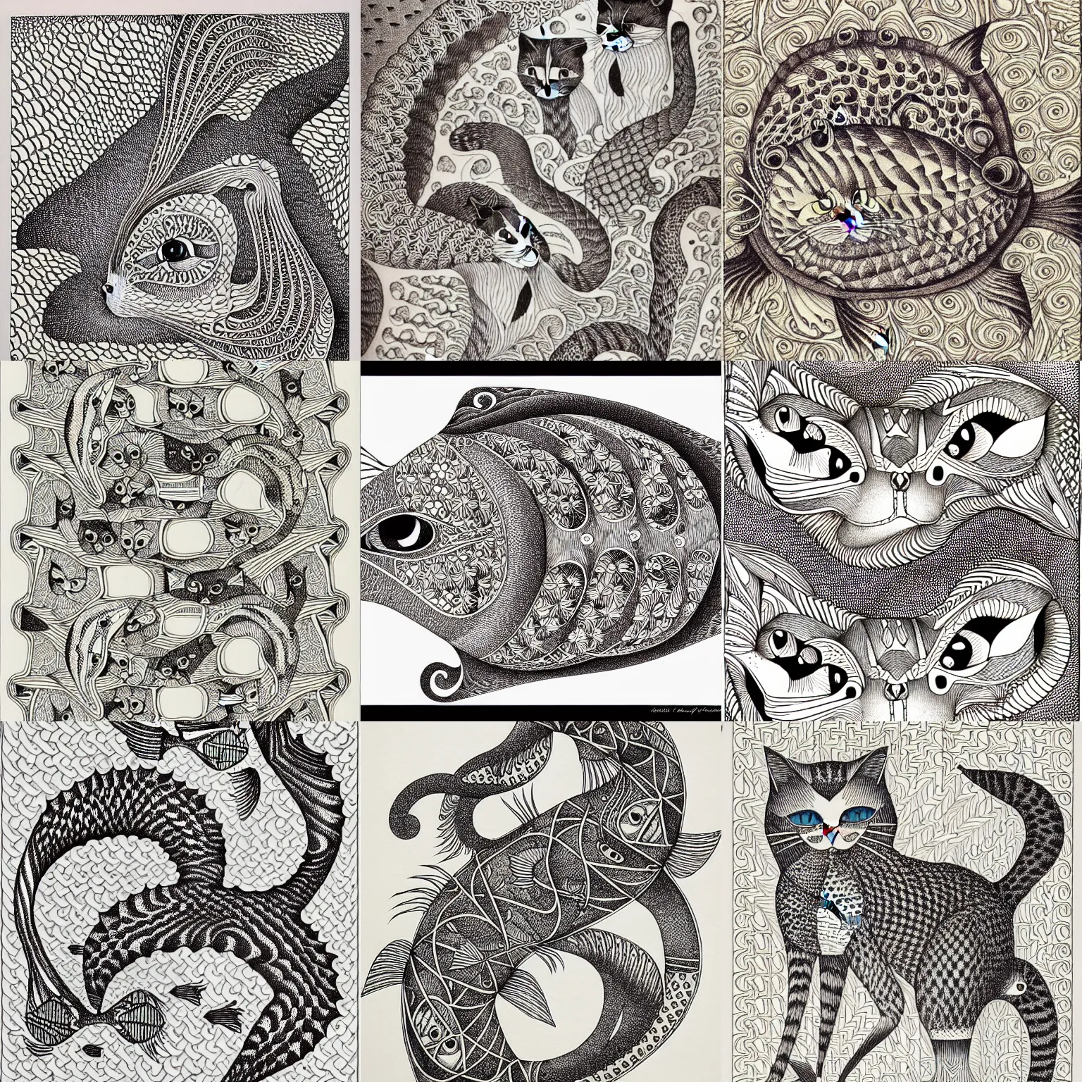 Prompt: cats and fishes pattern, pen and ink, intricate details, fine details by escher