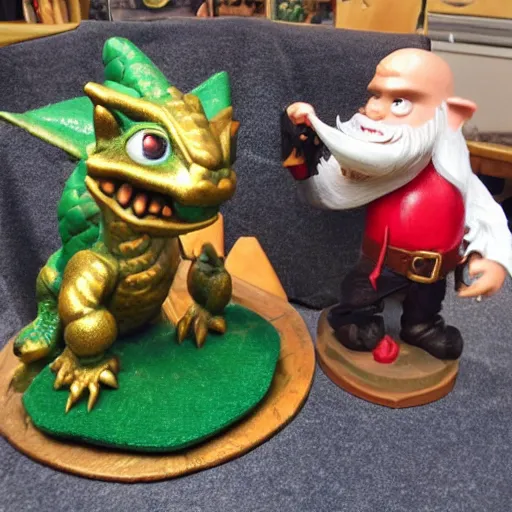 Prompt: dragon that is taming a gnome, gnome is being tamed by a dragon