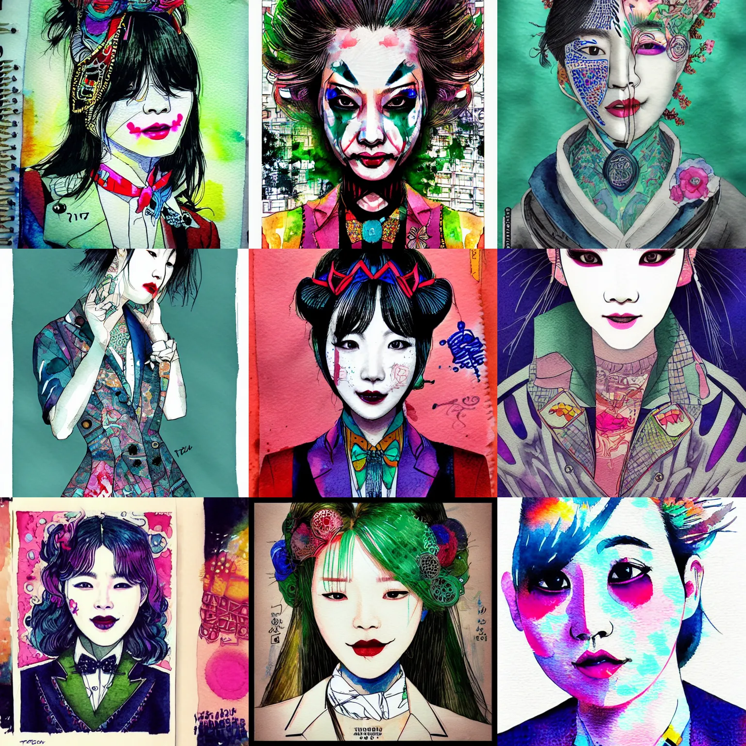 Prompt: korean women's fashion machine joker, intricate watercolor solarpunk portrait by tim doyle