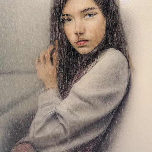 Prompt: girl sitting nearby a windowing, rainy outside, detailed, very fine face, strong lighting, by artists.