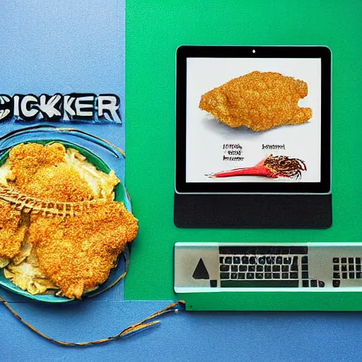 Prompt: chicken fried on a computer chip, photograph, poster, orthographic