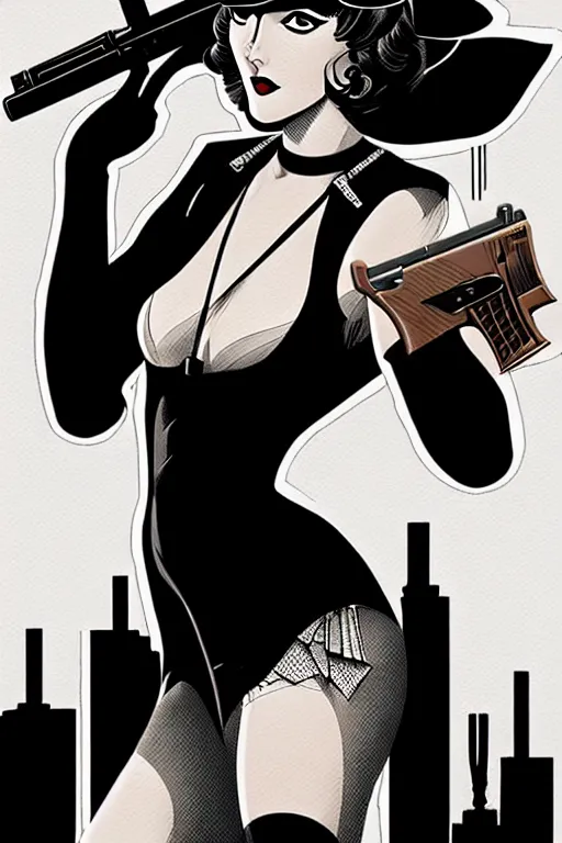 Prompt: comic noir cover art of a flapper girl with a revolver, inspired by gunsmith cats and sin city, by jenny frison and sana takeda, intricate details, stunning inking lines, stunning gradient colors, 4 k, hd, artstation