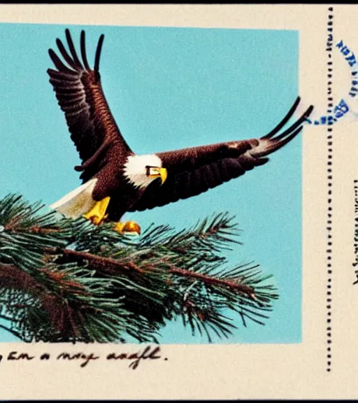 Image similar to damaged postcard of 'an eagle in the nest of a snowy pine tree' laying on coffee table, zoomed out shot