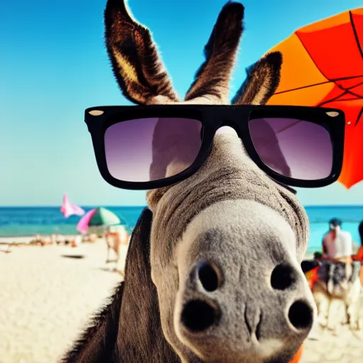 Prompt: a human with a donkey head wearing cool sunglasses is holding a coctail at the beach, 8k, hyper-detailed, photorealistic