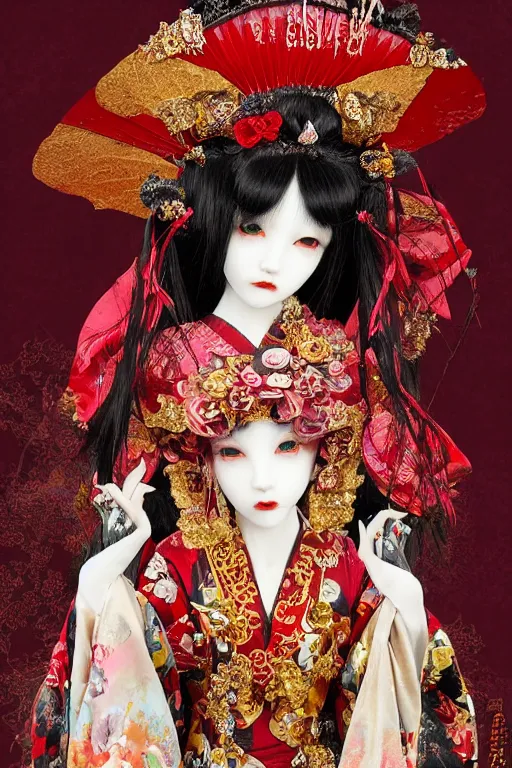 Prompt: avant - garde japanese bjd geisha vampire queen in victorian red dress in the style of dark - fantasy lolita fashion painted by yoshitaka amano, takato yamamoto, gustav klimt, dmt art, symmetrical vogue face portrait, volumetrics, intricate detail, artstation, cgsociety, artgerm, gold skulls, rococo