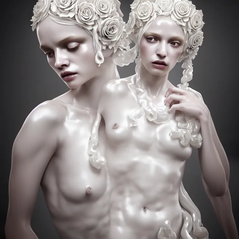 Prompt: neoclassical professional photorealistic closed detailed portrait of one wonderful symmetrical liquid albino goddess with a beautiful porcelain body dressed with a majestic semi transparent silk cream roses long dress, hightly ornate, intricate, detailed, dramatic light, award winning, octane render, meredit frampton style