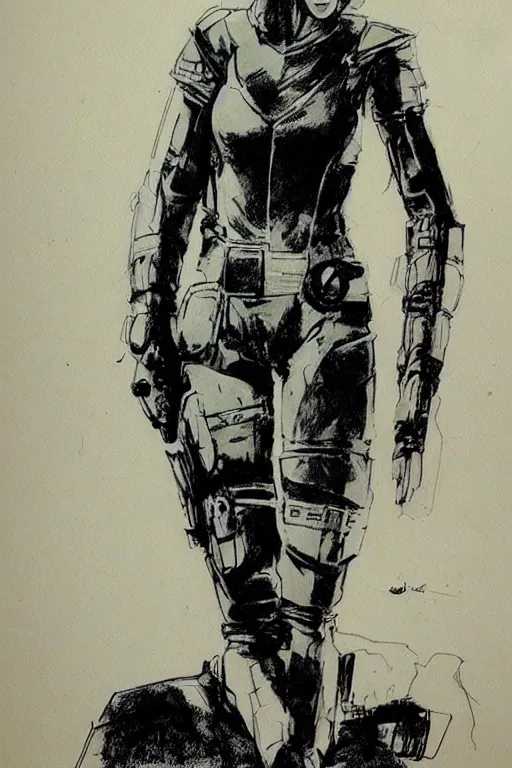 Image similar to beautiful portrait of a young futuristic female soldier, frank miller style, sketch