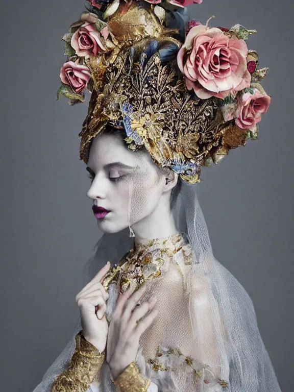 Prompt: a catholic veiled Princess who has rococo dramatic headdress with roses,by Annie Stegg and Jovana Rikalo and VICTOR NIZOVTSEV and Nekro and Billelis,avian-inspired,beaded embroidery,trending on pinterest,hyperreal,Kintsukuroi,gold,maximalist