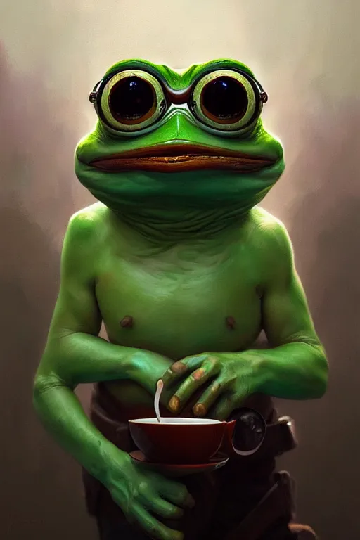 Image similar to portrait of a one - eyed pepe! the frog! drinking coffee in the style of fenghua zhong and ruan jia and jeremy lipking and peter mohrbacher, extremely detailed digital painting, 8 k, natural lighting