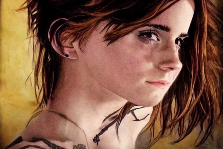 Image similar to emma watson, dope tattoo, hyperrealistic