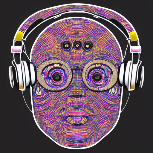 Image similar to mockup of a black tshirt with a hyperdetailed portrait of a steampunk robot with headphones on lsd, 8 k, symetrical, flourescent colors, trippy mood, multicolored,