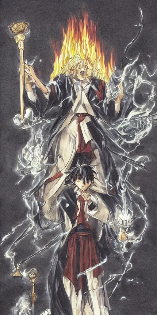 Image similar to powerful anime judge with a magic gavel on fire, in a court room with a justice scale on his desk, drawn by a famous anime artist, high quality, fine lines, amazing detail. colored, the justice tarot card