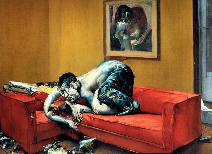 Prompt: it was just another evening. i was alone in my apartment, flipping through the channels on my tv. in the style of francis bacon, man on couch lucian freud, jenny saville, norman rockwell and james jean, greg hildebrandt, and mark brooks, triadic color scheme, by greg rutkowski, in the style of francis bacon and syd mead and edward hopper