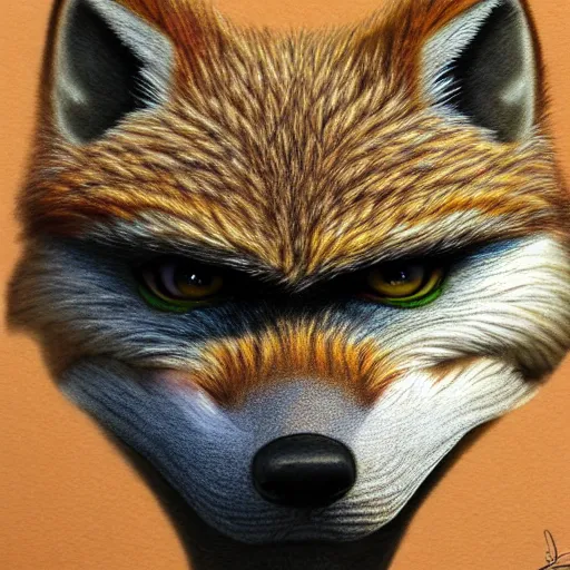 Prompt: Intricate five star Fox facial portrait by Monica Lee, Colored pencil on paper, high detail, skin texture, photo realistic, hyperrealism,matte finish, high contrast, 3d depth, masterpiece, vivid colors, artstationhd
