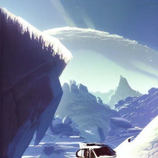 Image similar to Frozen frontiers on an alien planet, floating mountains above clouds in the background, vanishing perspective of a road, ravine, Syd Mead, John Harris, Federico Pelat,