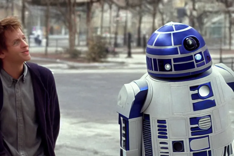 Image similar to a movie still from the 2000 romcom movie when Harry Met R2D2