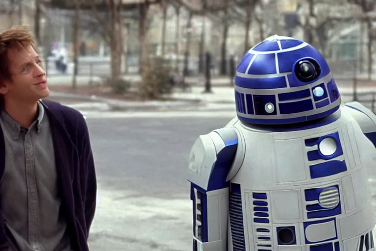 Prompt: a movie still from the 2000 romcom movie when Harry Met R2D2