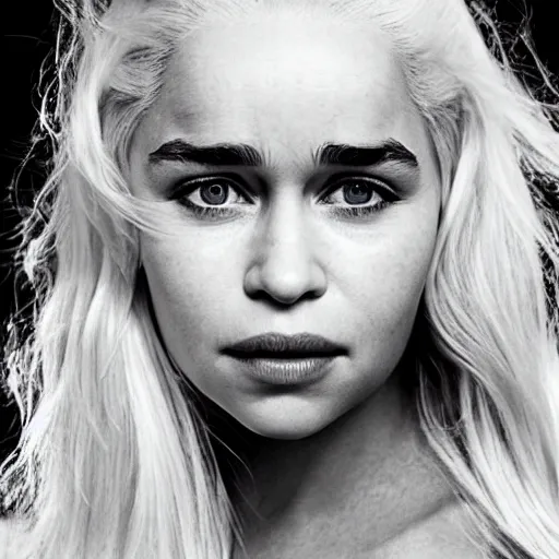 Image similar to photo of emilia clarke, full platinum blond, pale skin, freckle, by richard avedon, realistic, high detail, high quality, trending on pinteresst