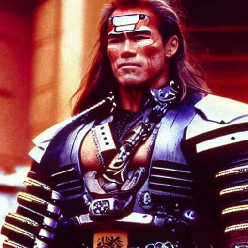 Image similar to schwarzenegger as cyberpunk samurai, 1 9 8 0 s movie still frame, art by ridley scott