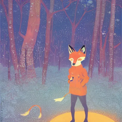 Prompt: little girl dressed as a fox on the prowl oil painting victo ngai