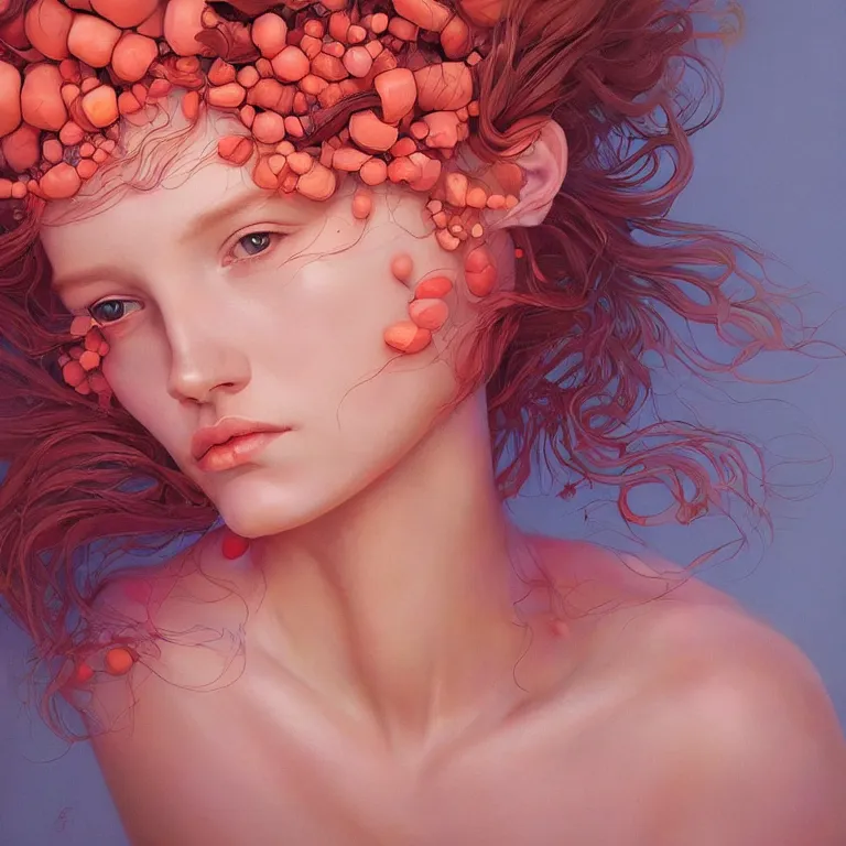 Image similar to portrait of beautiful!! woman with coral!! reef hair. soft light painted by james jean and moebius!!! and erik jones, inspired by mary jane ansell, smooth face feature, intricate oil painting, high detail 3 d render, sharp high detail