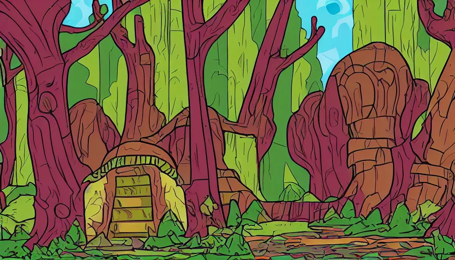 Prompt: alien ruins between gigantic red trees, colorful, vector style drawing