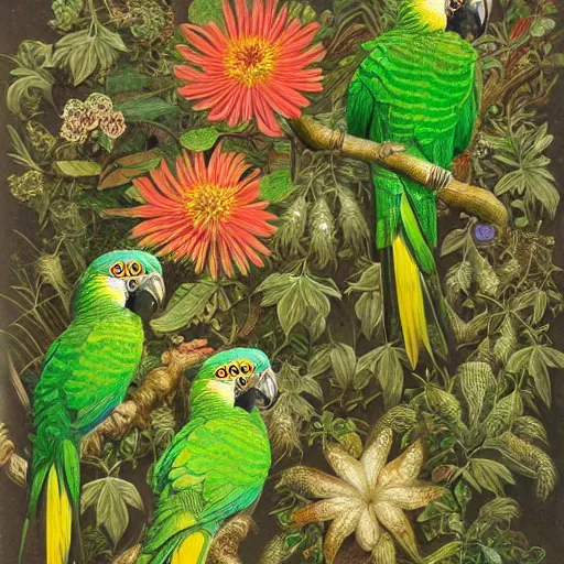 Prompt: beautiful elegant ernst haeckel!!!! illustration of many green cheek conures!!!!!! and flowers, ( green cheek conure ) ( green cheeked parakeet ) ( pyrrhura molinae )