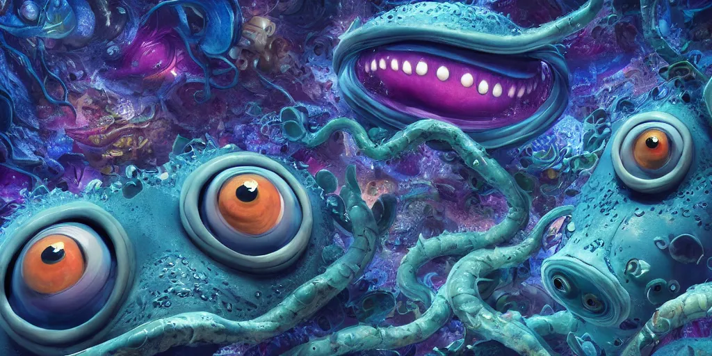 Image similar to of an intricate deep sea with strange cute friendly happy creatures with huge eyes, long tongue, round teeth and goofy funny face, appearing from the background, in the style of gehry and gaudi, macro lens, shallow depth of field, ultra detailed, digital painting, trending artstation, concept art, illustration, cinematic lighting, photorealism, epic, octane render