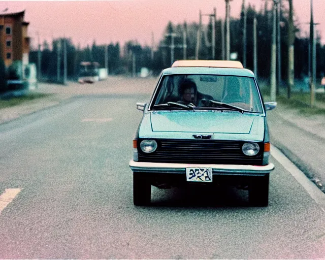 Prompt: lomography photo of ryan gosling as driver of lada 2 1 0 7 in small soviet town, cinestill, bokeh