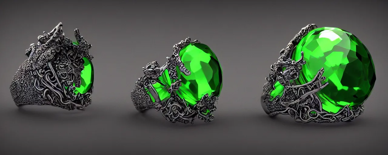 Image similar to simple magic ring of poison, ring, skull, tentacles, green, black, purple. smooth shank, crystals, engravings, product design, jewelry, colorful, art by gerald brom, greg rutkowski and artgerm, photo realism, unreal engine, c 4 d