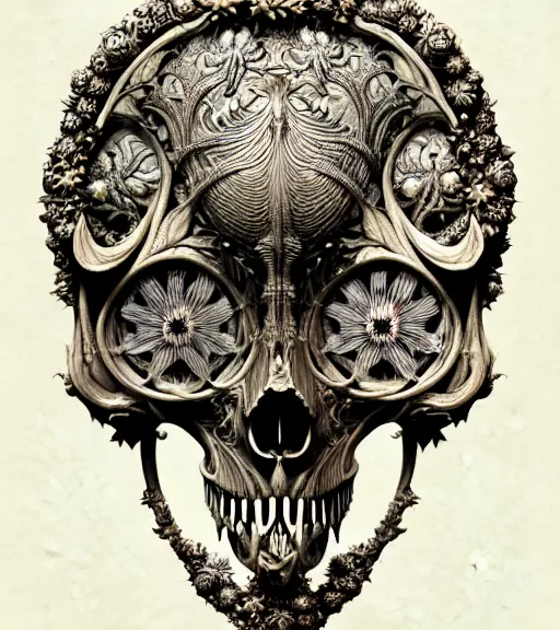 Image similar to art forms of nature by ernst haeckel, memento mori by arthur rackham, ornate antique porcelain beautiful skull mask, ultrasharp, photorealistic, hyperdetailed, octane render, polished, art nouveau, neo - gothic, gothic, intricate ornamental organic filigree, art nouveau botanicals, art forms of nature by ernst haeckel, horizontal symmetry, symbolist, visionary