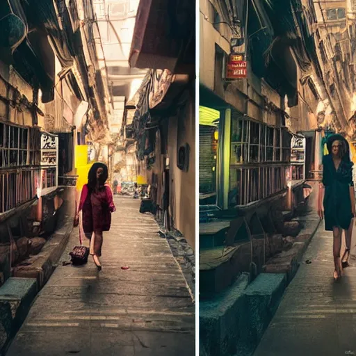 Prompt: Extremely beautiful Naturalist woman walks down the streets of Mumbai, vivid, detailed, cinematic lighting, volumetric lighting, detailed render