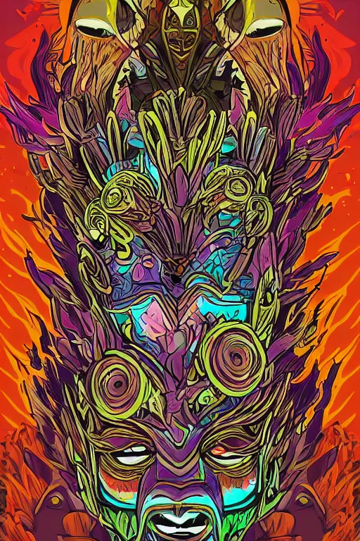 Image similar to animal mask totem roots flower tribal feather gemstone plant wood rock shaman vodoo video game vector cutout illustration vivid multicolor borderlands comics by josan gonzales and dan mumford radiating a glowing aura