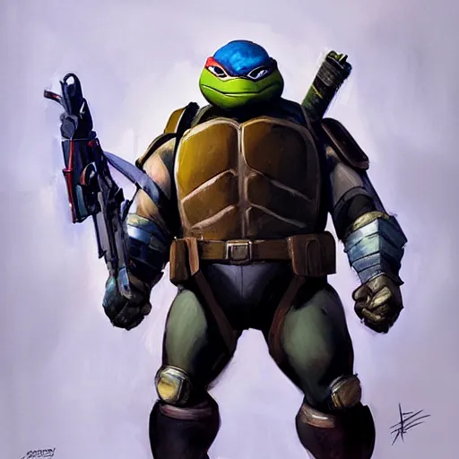 Image similar to greg manchess portrait painting of armored teenage mutant ninja turtles as overwatch character, medium shot, asymmetrical, profile picture, organic painting, sunny day, matte painting, bold shapes, hard edges, street art, trending on artstation, by huang guangjian and gil elvgren and sachin teng