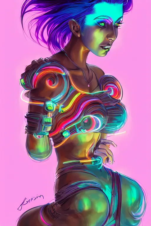 Image similar to a award winning portrait of a beautiful woman with stunning eyes in a one off shoulder croptop and cargo pants with rainbow colored hair, outlined by whirling illuminated neon lines and fine lines swirling in circles by jesper ejsing, digital art, trending on artstation