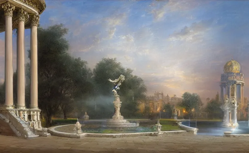 Prompt: a neoclassical tower with dome on a fantasy city, next to a fountain and a mystical palace. by konstantin razumov, fractal flame, chiaroscuro, highly detailded