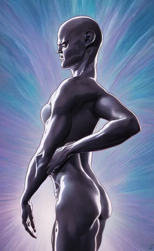 Image similar to silver surfer, highly detailed, digital painting, artstation, standing, facing camera, concept art, smooth, sharp focus, illustration, art by artgerm and alphonse mucha, high definition digital art, dramatic lighting, in the style of ilya kuvshinov and Ross tran