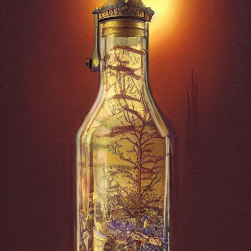 Prompt: a beautiful 🏰 contained inside an ornate vintage bottle by charles vess, studio ghibli & james gurney, artstation, 8 k, beautiful light, hyperrealism, studio photography