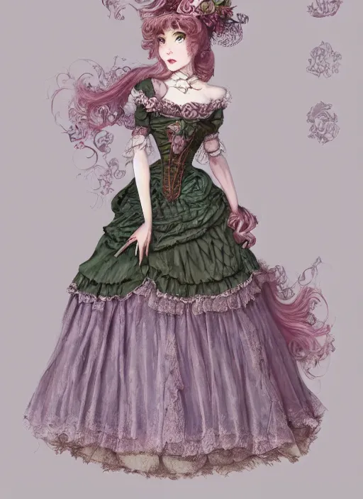 Prompt: full body portrait of a pretty girl wearing victorian grape - themed dress, lolitafashion, vintage, lace, elegant, muted colors, iridescent aesthetic, artstation, cgsociety, artgerm, highly detailed