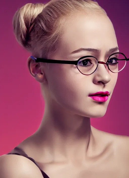 Image similar to a french woman with blonde hair tied in a strict bun, spectacles, lots of makeup, rich, character portrait, digital art, high quality, 8 k, detailed,